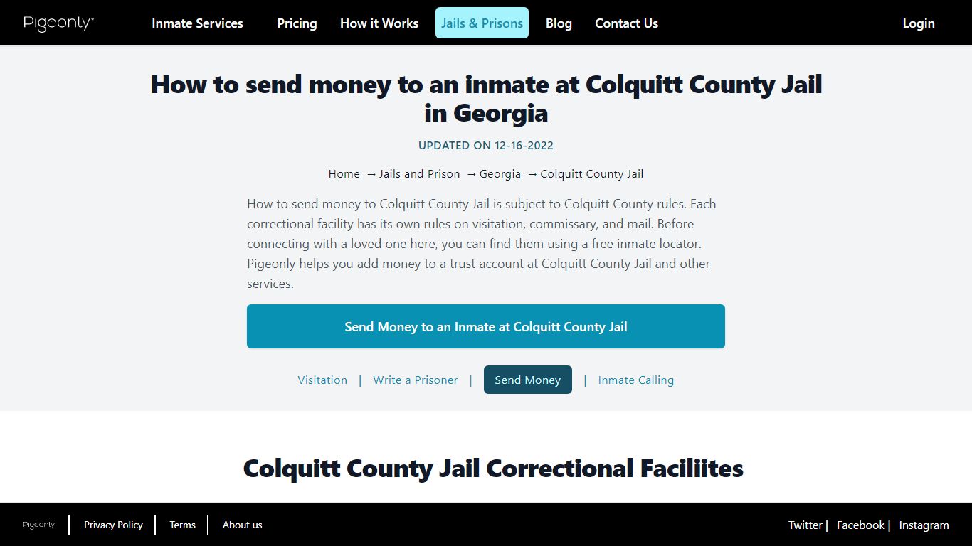 Send Money to Inmate Colquitt County Jail, Georgia | Pigeonly